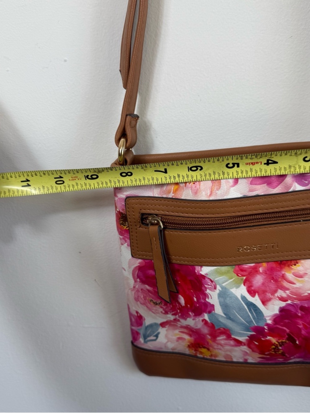 Rosetti Pink Watercolor Floral Crossbody Bag Vegan Leather Trim Romantic Spring - Picture 9 of 9